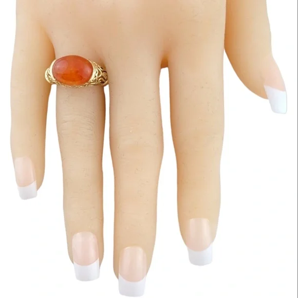 14K Yellow Gold Orange Jadeite Ring Size 8.25 #15889
